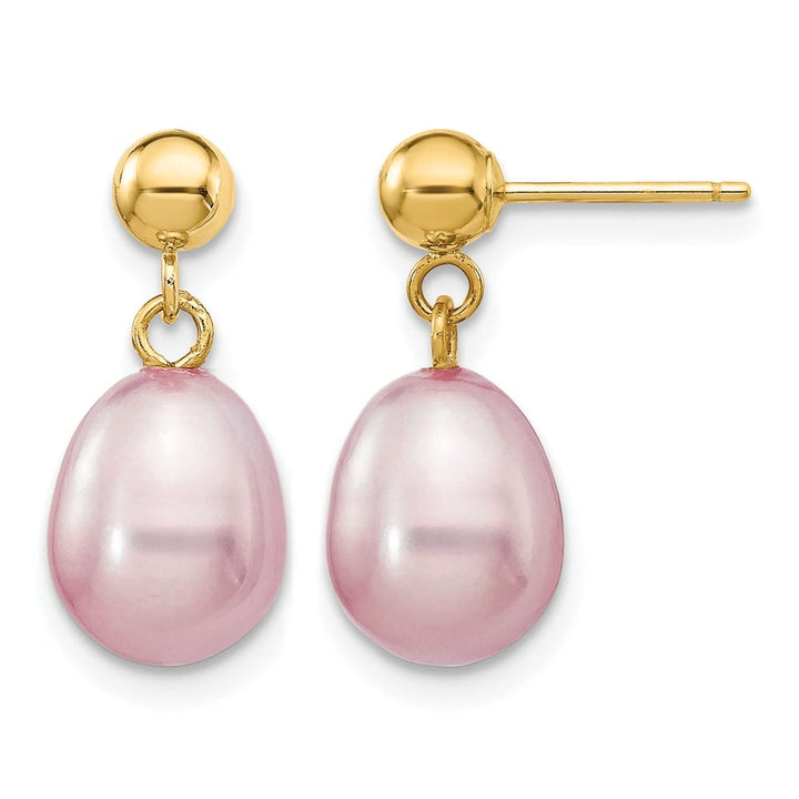 14K Yellow Gold 7-8mm Purple Rice Freshwater Pearl Dangle Earrings