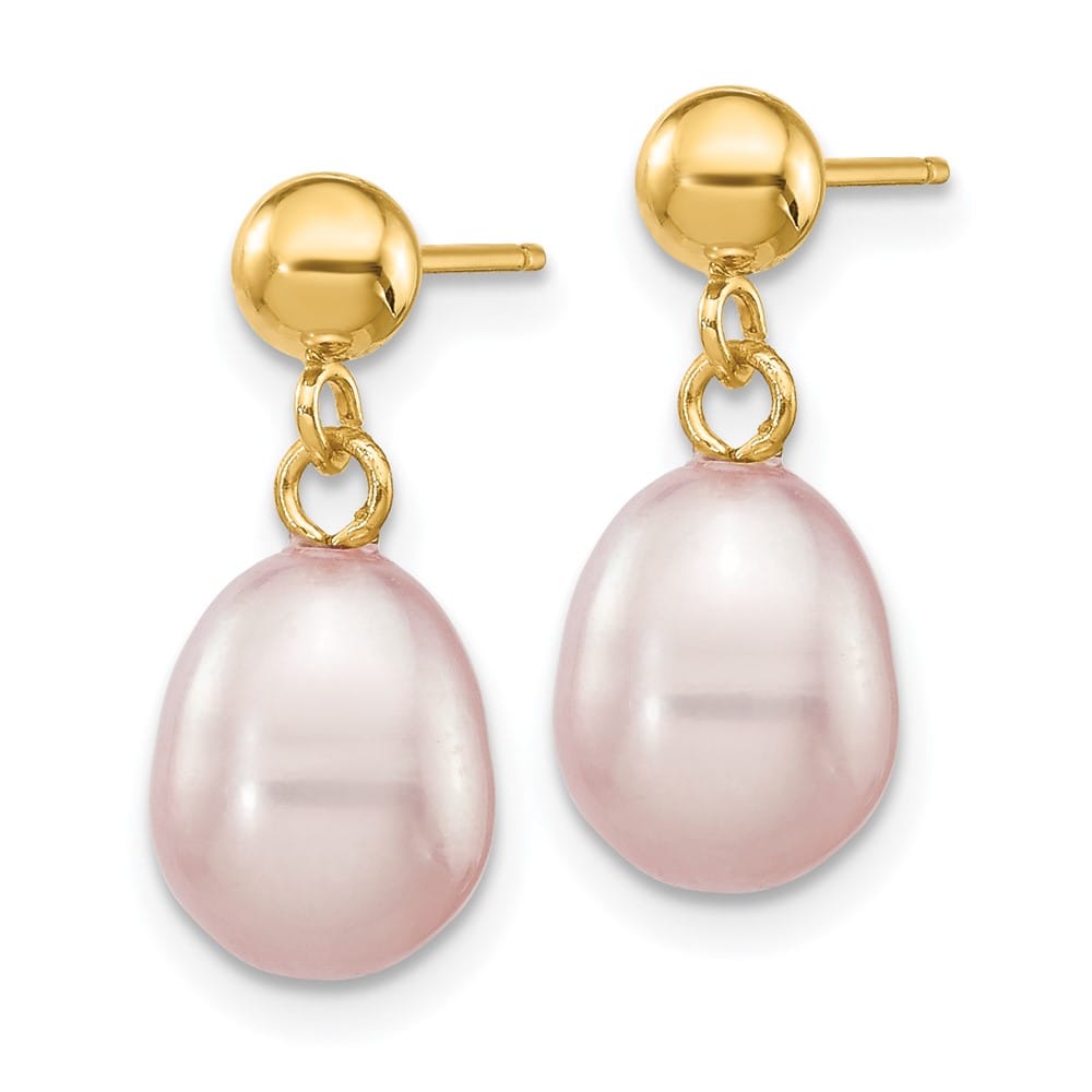 14K Yellow Gold 7-8mm Purple Rice Freshwater Pearl Dangle Earrings