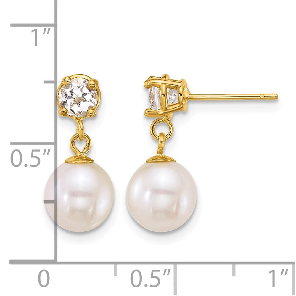 14K Yellow Gold 7-8mm Round Freshwater Pearl Dangle Post Earrings, view 12 of 12