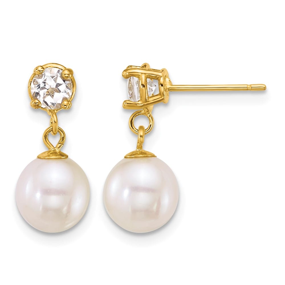 14K Yellow Gold 7-8mm Round Freshwater Pearl Dangle Post Earrings, view 11 of 12