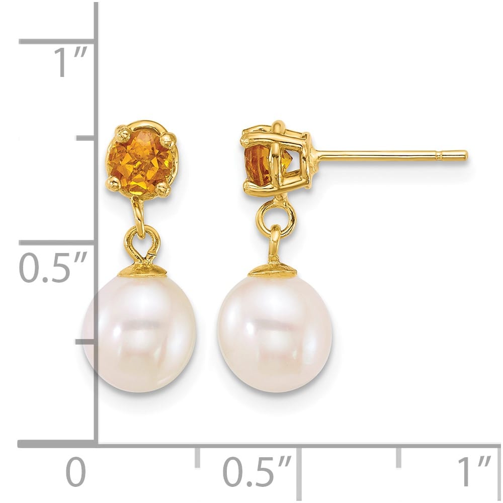 14K Yellow Gold 7-8mm Round Freshwater Pearl Dangle Post Earrings, view 6 of 12