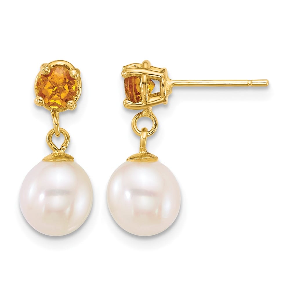 14K Yellow Gold 7-8mm Round Freshwater Pearl Dangle Post Earrings, view 5 of 12