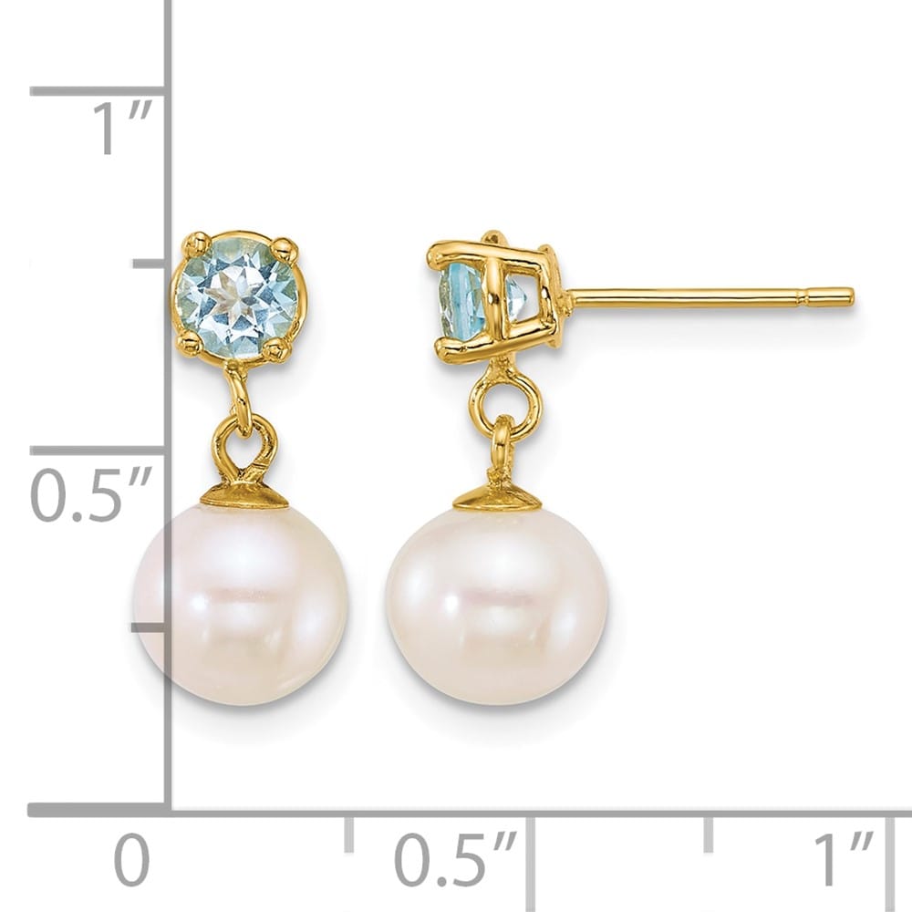 14K Yellow Gold 7-8mm Round Freshwater Pearl Dangle Post Earrings, view 4 of 12