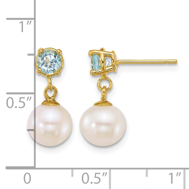 14K Yellow Gold 7-8mm Round Freshwater Pearl Dangle Post Earrings, view 4 of 12