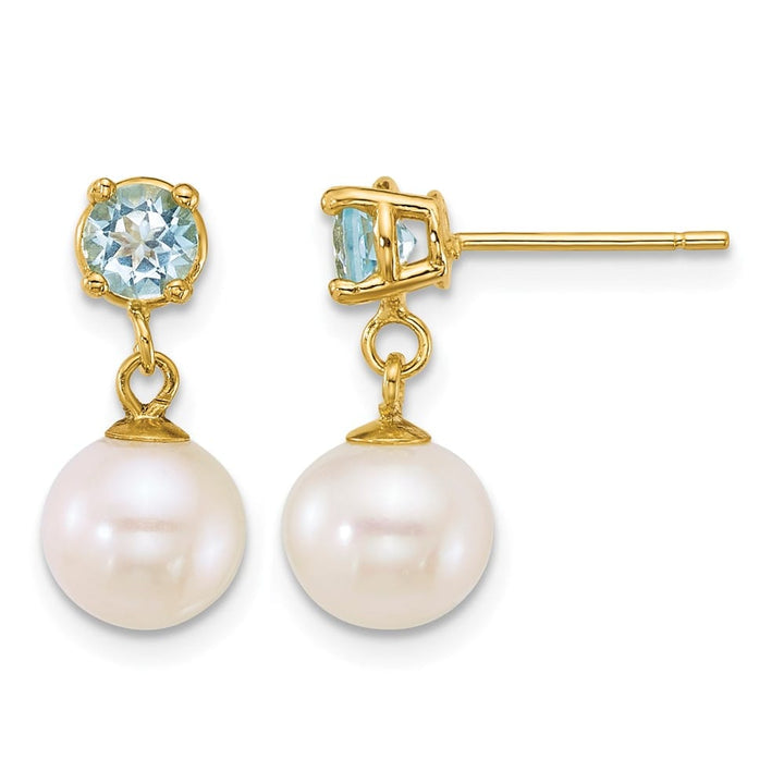 14K Yellow Gold 7-8mm Round Freshwater Pearl Dangle Post Earrings, view 3 of 12