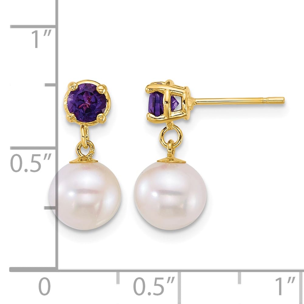 14K Yellow Gold 7-8mm Round Freshwater Pearl Dangle Post Earrings, view 2 of 12
