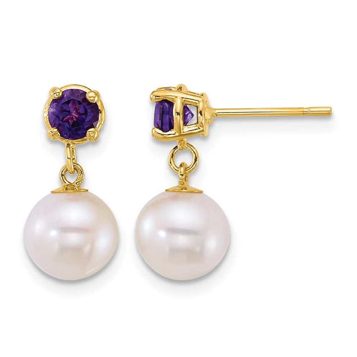 14K Yellow Gold 7-8mm Round Freshwater Pearl Dangle Post Earrings, view 1 of 12