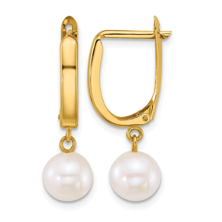 14K Yellow Gold 7-8mm Round White Freshwater Pearl Dangle Earrings