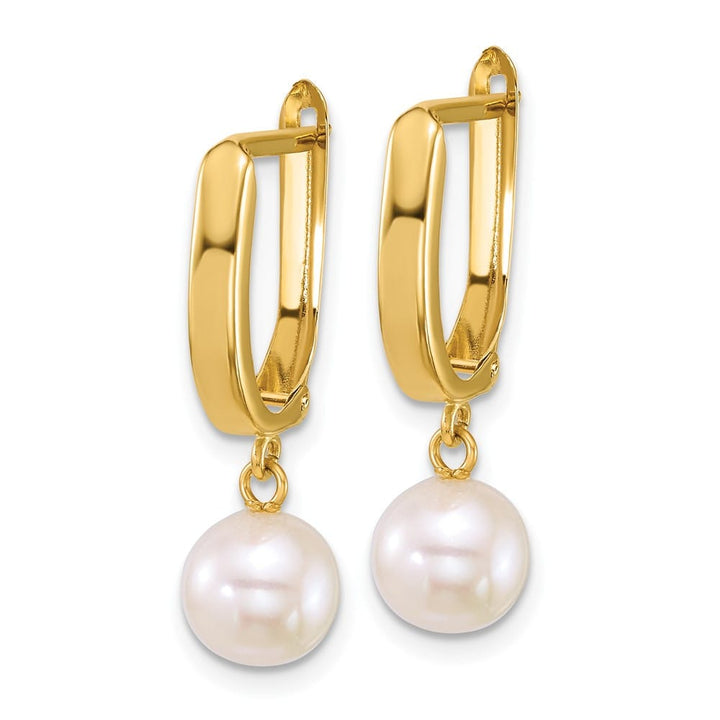 14K Yellow Gold 7-8mm Round White Freshwater Pearl Dangle Earrings