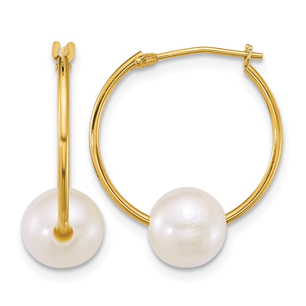 14K Yellow Gold 7-8mm Semi-Round White Freshwater Pearl Hoop Earrings