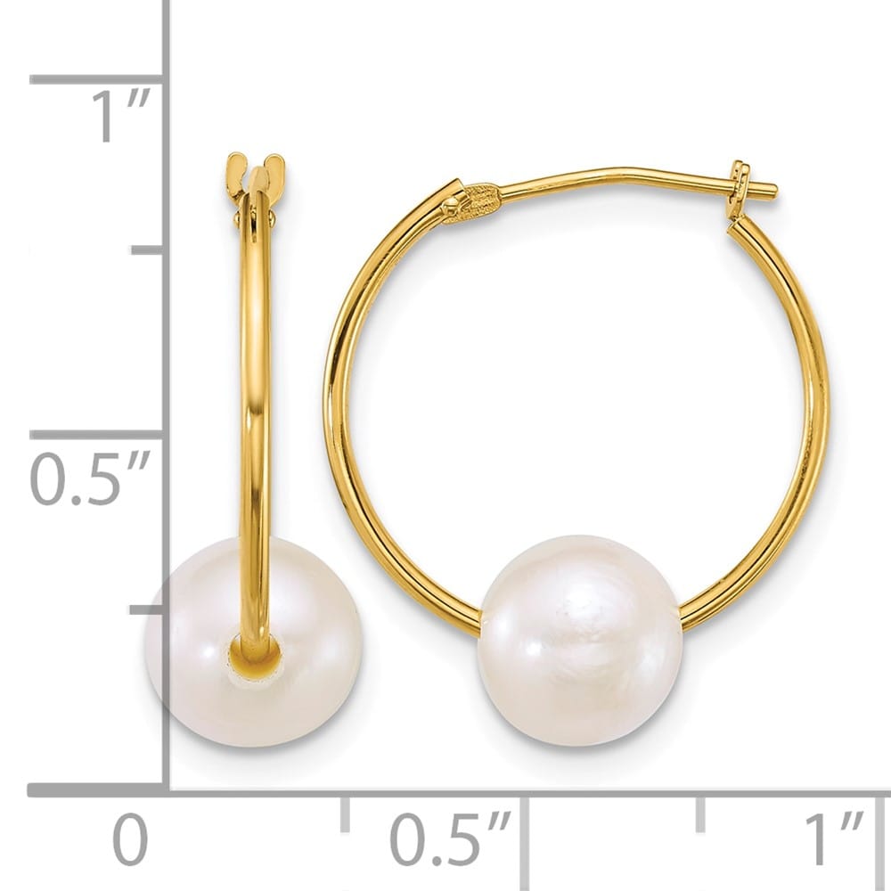 14K Yellow Gold 7-8mm Semi-Round White Freshwater Pearl Hoop Earrings