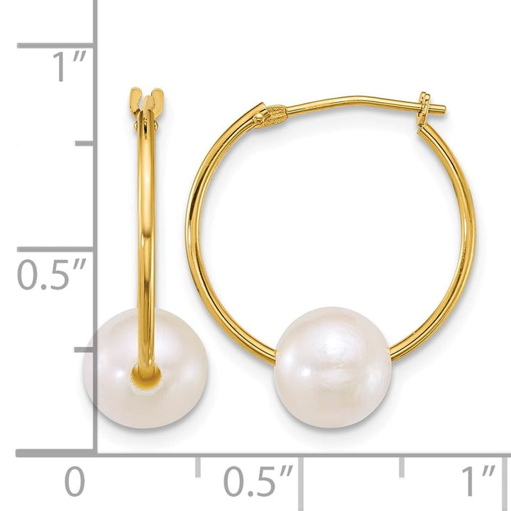 14K Yellow Gold 7-8mm Semi-Round White Freshwater Pearl Hoop Earrings
