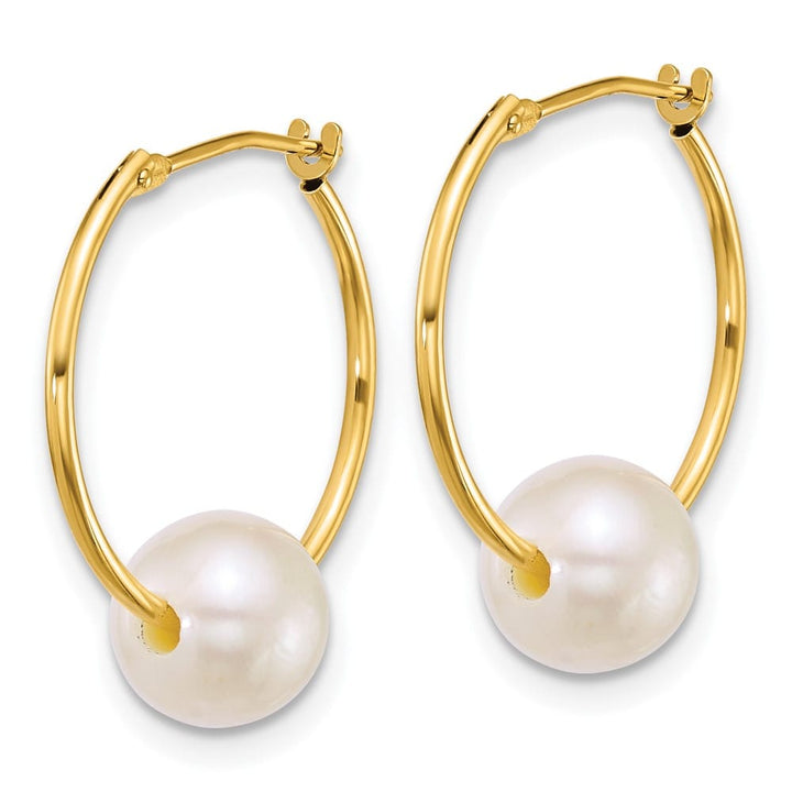14K Yellow Gold 7-8mm Semi-Round White Freshwater Pearl Hoop Earrings