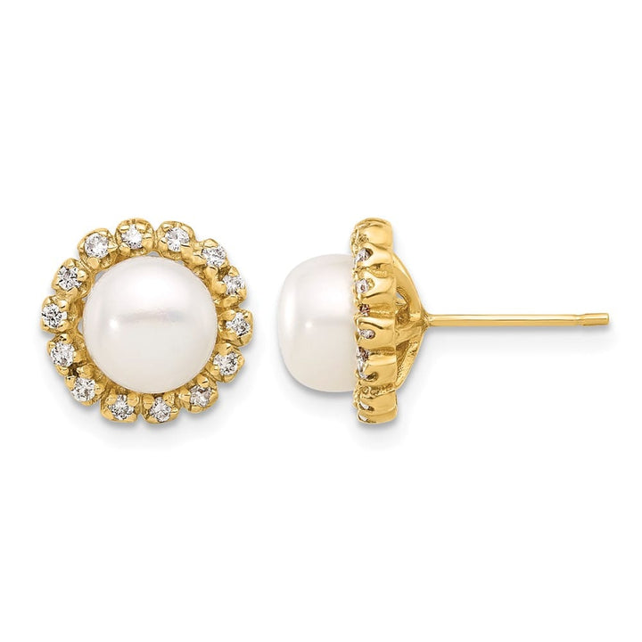 14K Yellow Gold 7-8mm White Button Freshwater Pearl and .28 Earrings