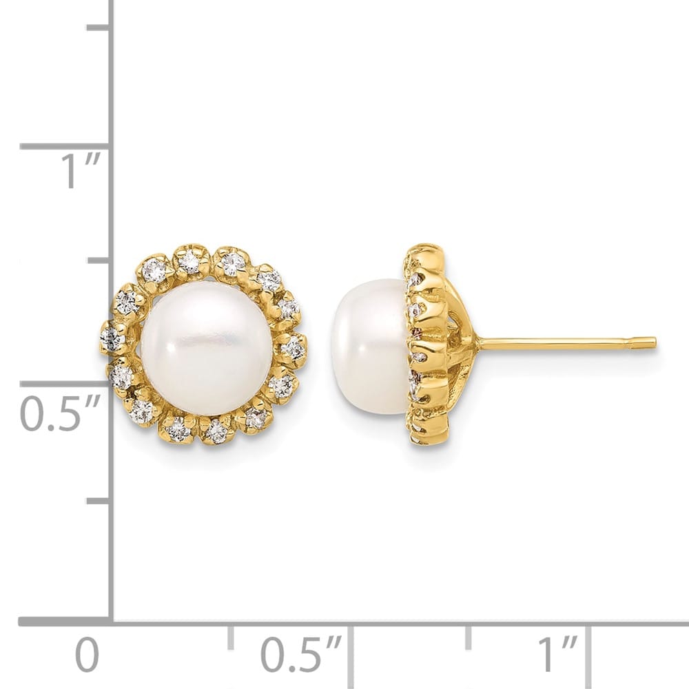 14K Yellow Gold 7-8mm White Button Freshwater Pearl and .28 Earrings