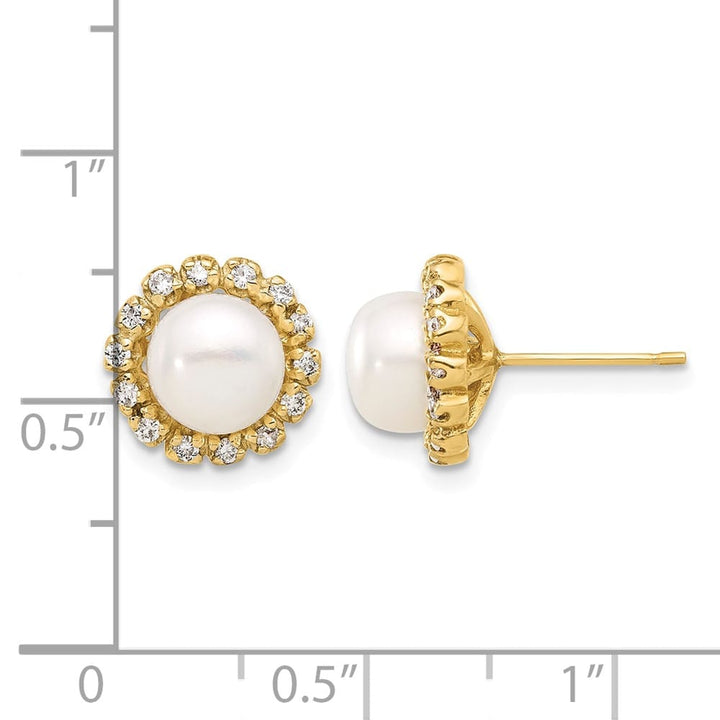 14K Yellow Gold 7-8mm White Button Freshwater Pearl and .28 Earrings