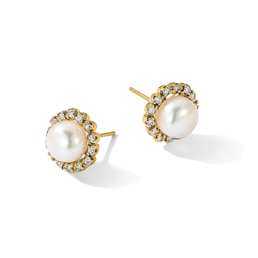 14K Yellow Gold 7-8mm White Button Freshwater Pearl and .28 Earrings