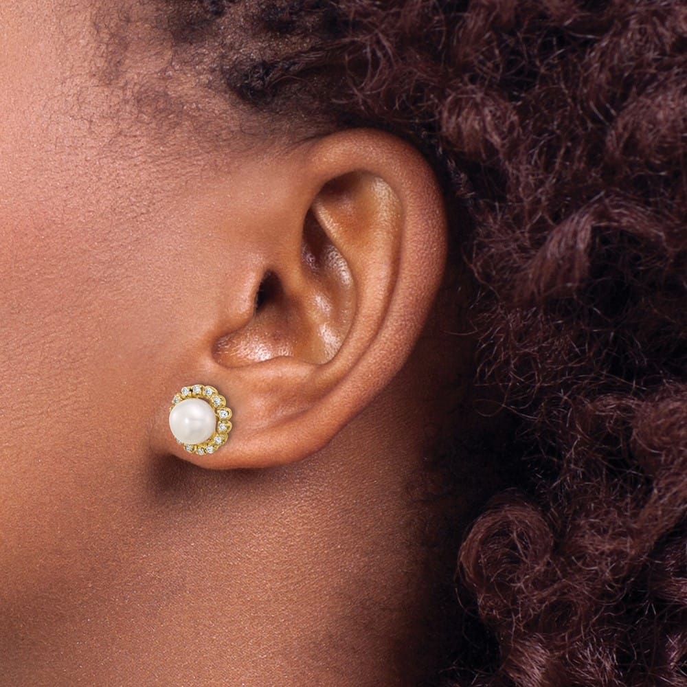 14K Yellow Gold 7-8mm White Button Freshwater Pearl and .28 Earrings