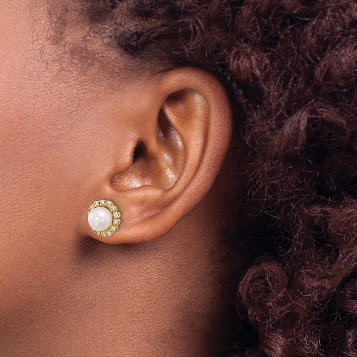 14K Yellow Gold 7-8mm White Button Freshwater Pearl and .28 Earrings