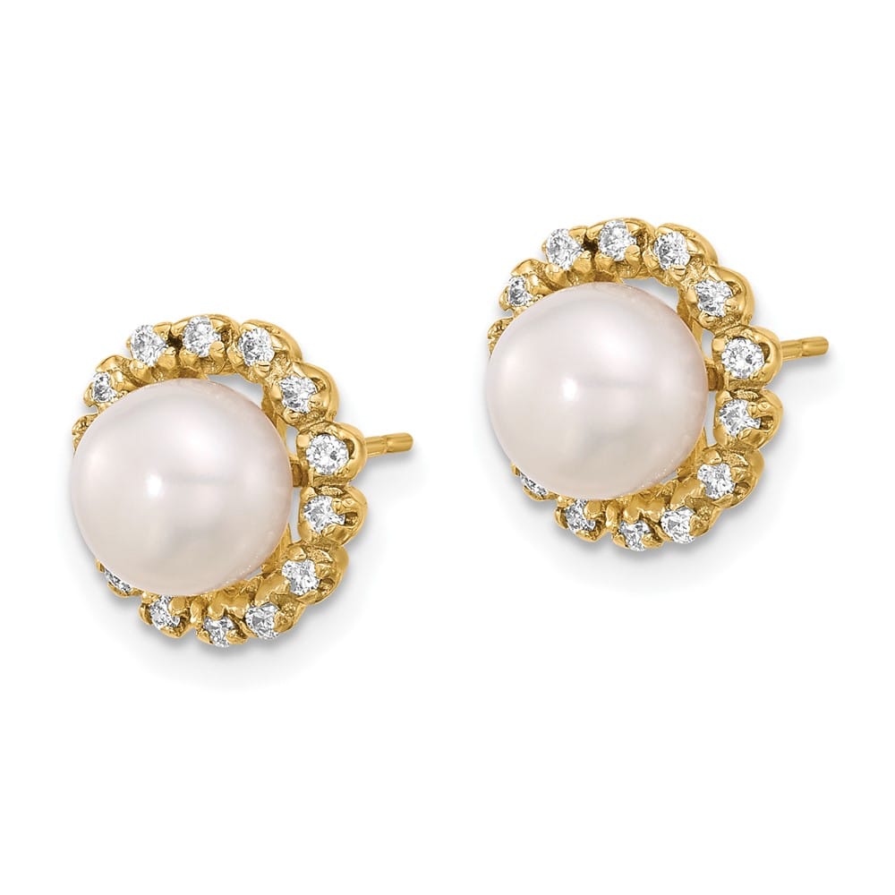 14K Yellow Gold 7-8mm White Button Freshwater Pearl and .28 Earrings