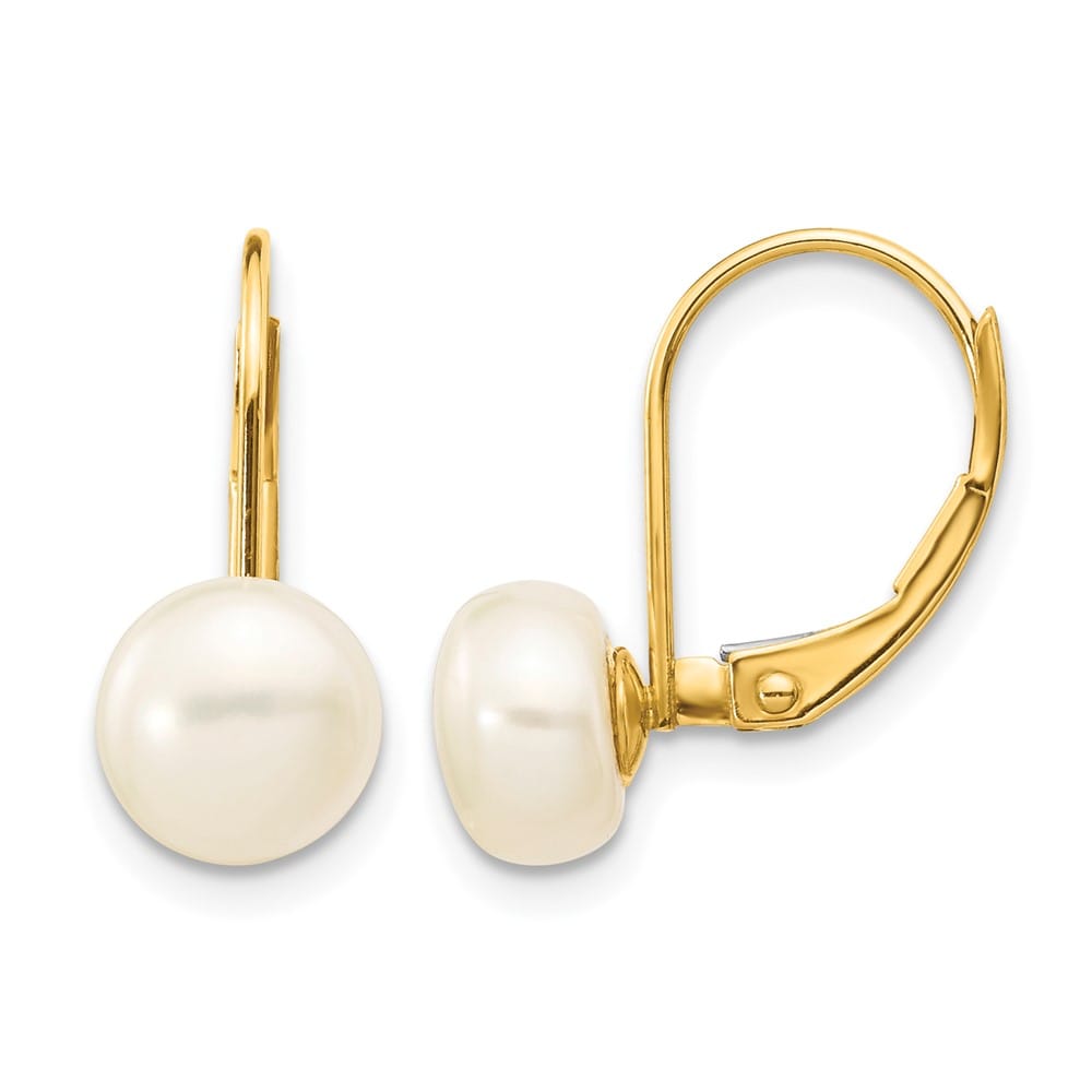 14K Yellow Gold 7-8mm White Button Freshwater Pearl Leverback Earrings