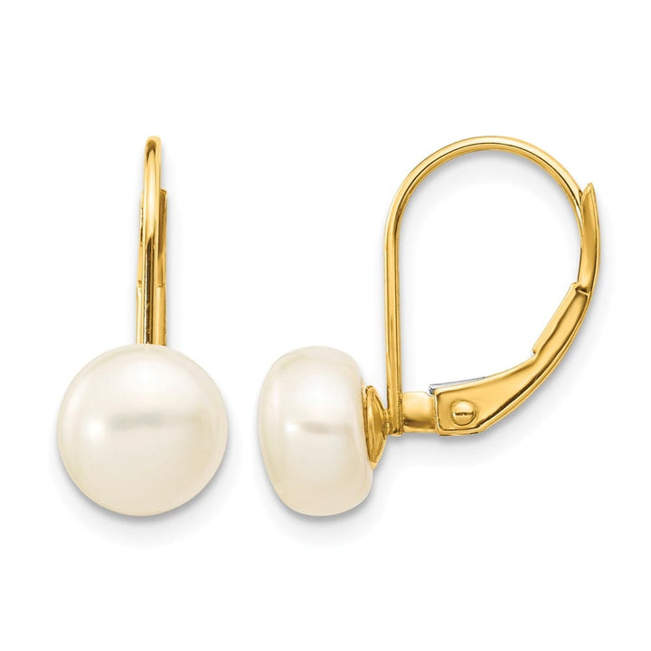 14K Yellow Gold 7-8mm White Button Freshwater Pearl Leverback Earrings