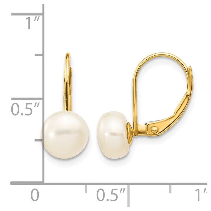 14K Yellow Gold 7-8mm White Button Freshwater Pearl Leverback Earrings