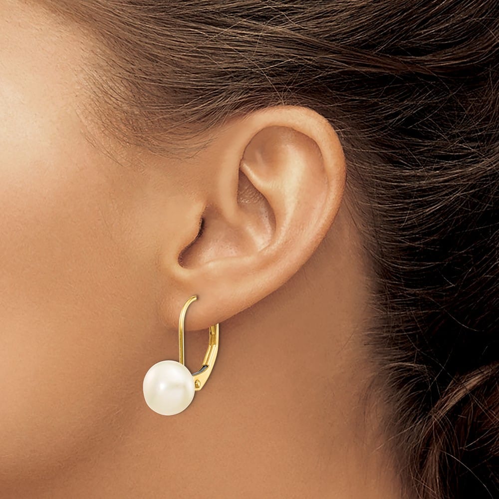 14K Yellow Gold 7-8mm White Button Freshwater Pearl Leverback Earrings
