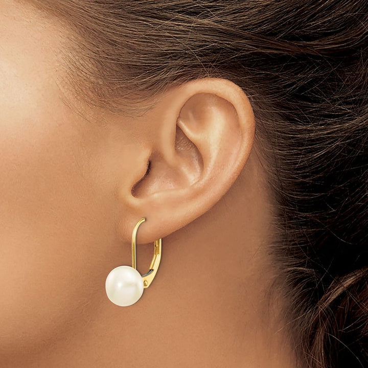 14K Yellow Gold 7-8mm White Button Freshwater Pearl Leverback Earrings