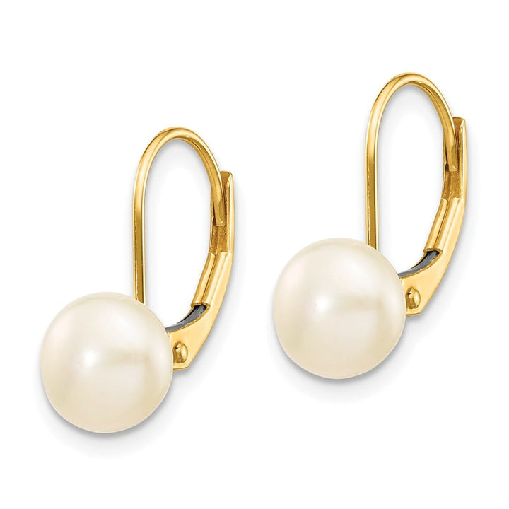 14K Yellow Gold 7-8mm White Button Freshwater Pearl Leverback Earrings