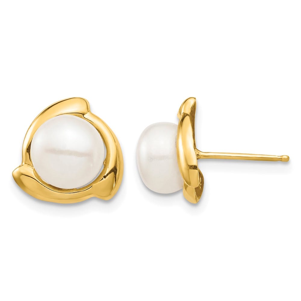 14K Yellow Gold 7-8mm White Button Freshwater Pearl Post Earrings