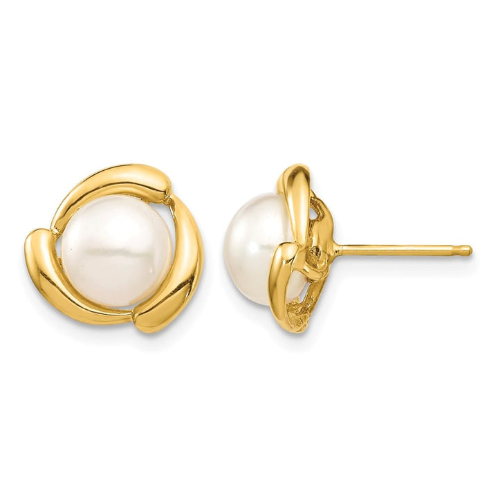14K Yellow Gold 7-8mm White Button Freshwater Pearl Post Earrings
