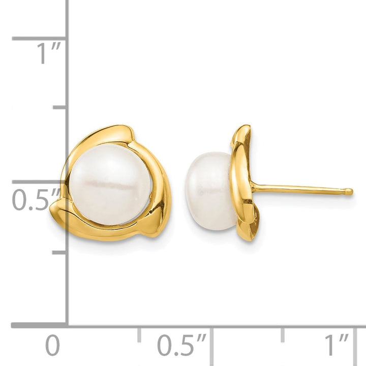 14K Yellow Gold 7-8mm White Button Freshwater Pearl Post Earrings