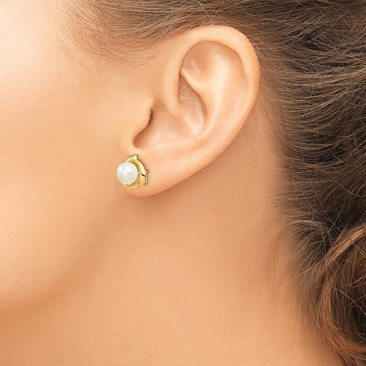 14K Yellow Gold 7-8mm White Button Freshwater Pearl Post Earrings