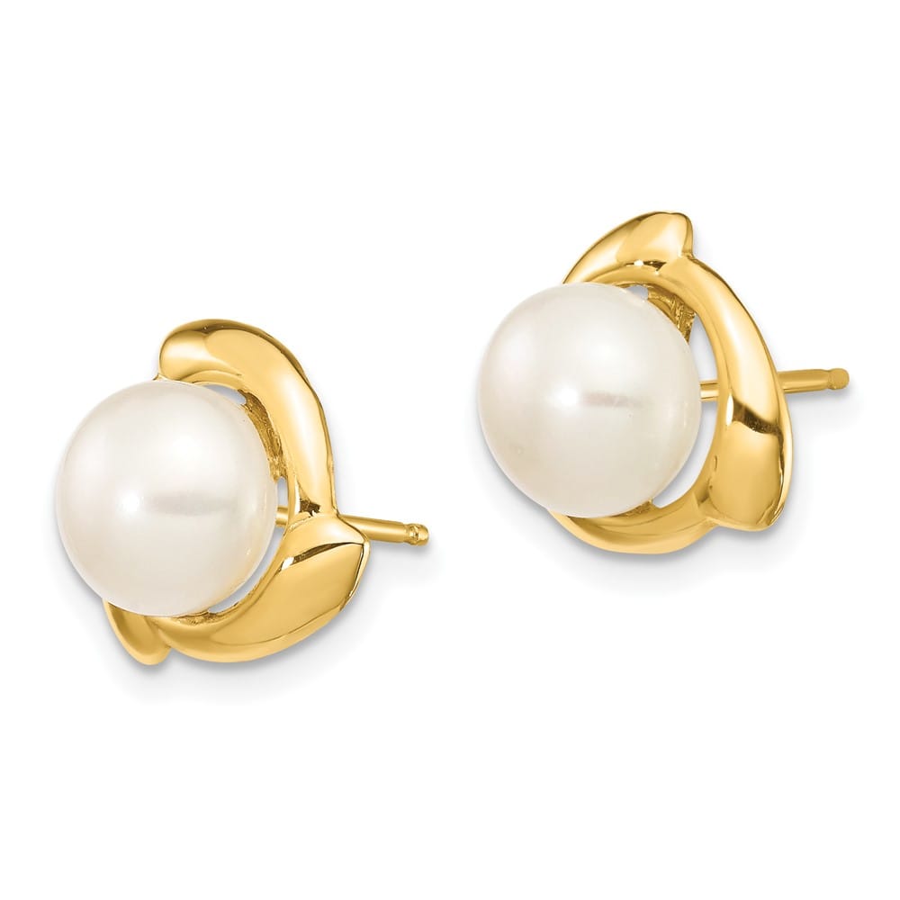 14K Yellow Gold 7-8mm White Button Freshwater Pearl Post Earrings