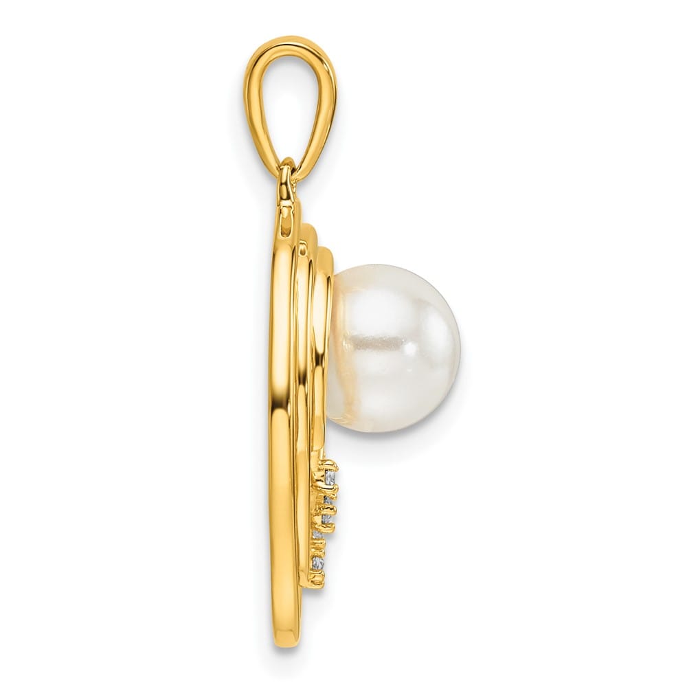 14K Yellow Gold 7-8mm White Freshwater Pearl and Diamond Ovals Pendant