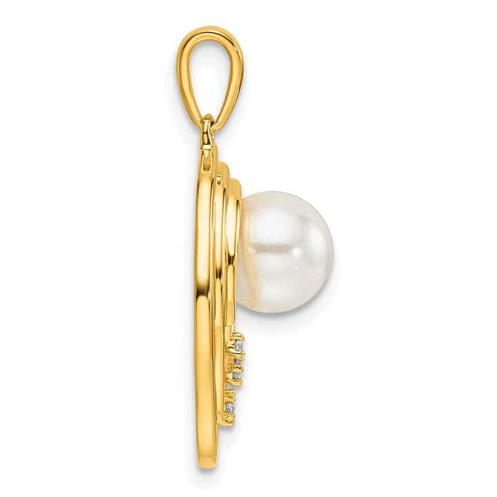 14K Yellow Gold 7-8mm White Freshwater Pearl and Diamond Ovals Pendant
