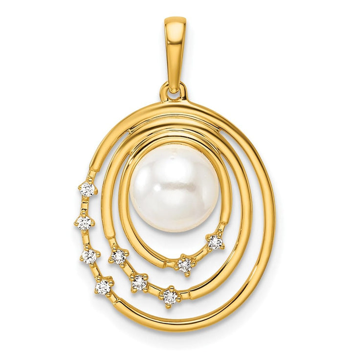 14K Yellow Gold 7-8mm White Freshwater Pearl and Diamond Ovals Pendant