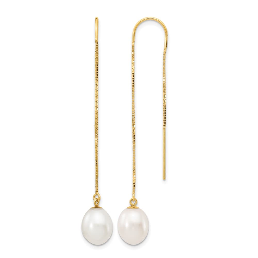 14K Yellow Gold 7-8mm White Rice Freshwater Pearl Box Chain Earrings