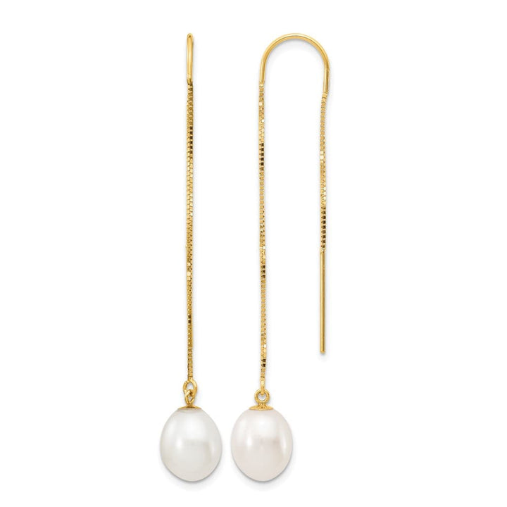 14K Yellow Gold 7-8mm White Rice Freshwater Pearl Box Chain Earrings