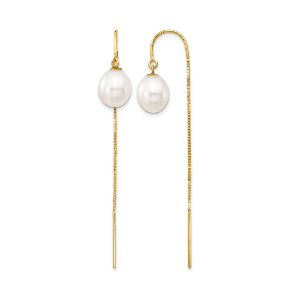14K Yellow Gold 7-8mm White Rice Freshwater Pearl Box Chain Earrings
