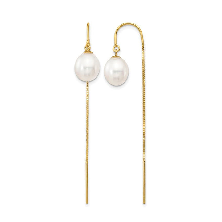 14K Yellow Gold 7-8mm White Rice Freshwater Pearl Box Chain Earrings