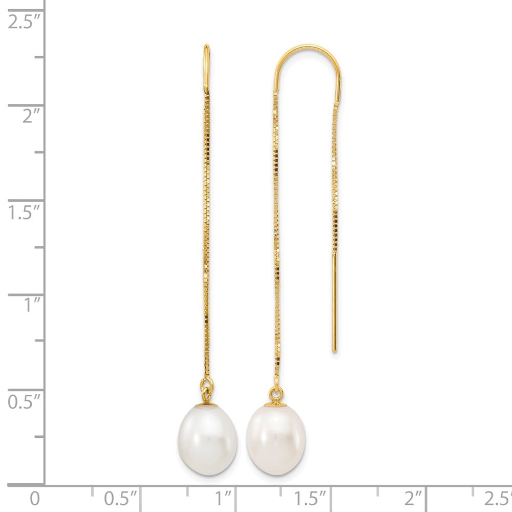 14K Yellow Gold 7-8mm White Rice Freshwater Pearl Box Chain Earrings