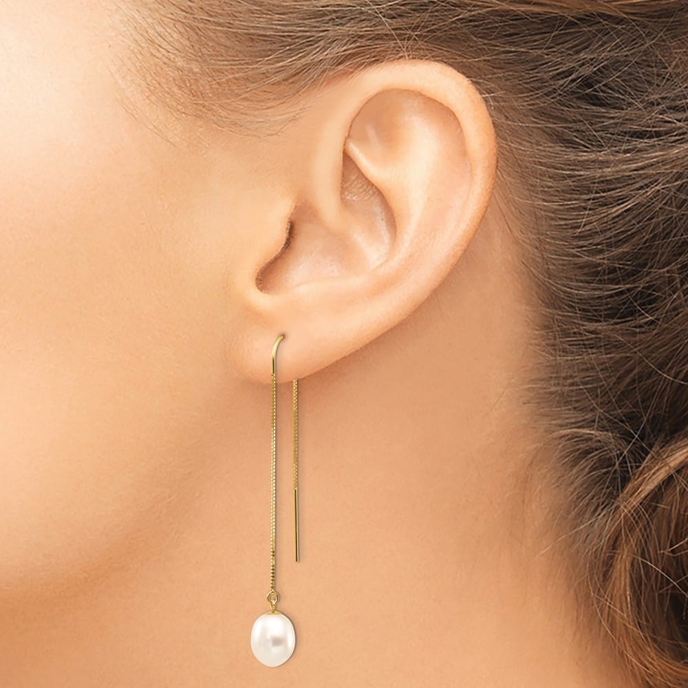 14K Yellow Gold 7-8mm White Rice Freshwater Pearl Box Chain Earrings