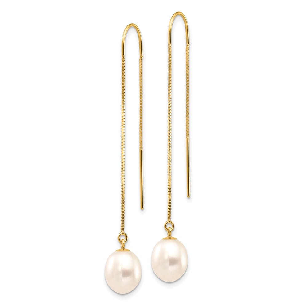 14K Yellow Gold 7-8mm White Rice Freshwater Pearl Box Chain Earrings
