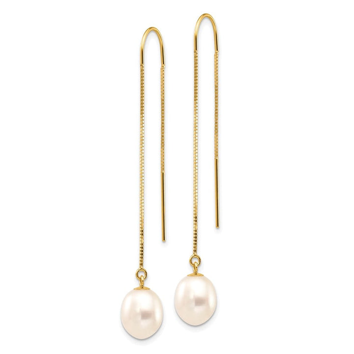 14K Yellow Gold 7-8mm White Rice Freshwater Pearl Box Chain Earrings