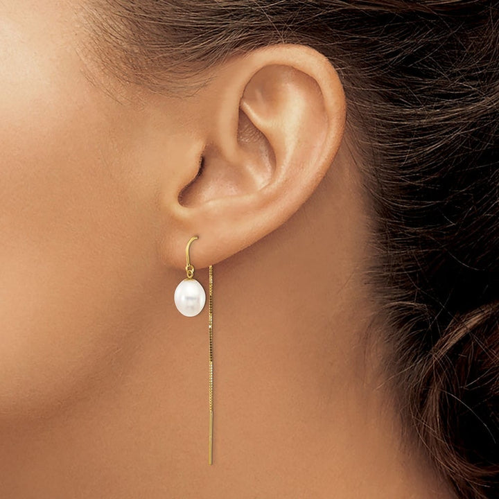 14K Yellow Gold 7-8mm White Rice Freshwater Pearl Box Chain Earrings