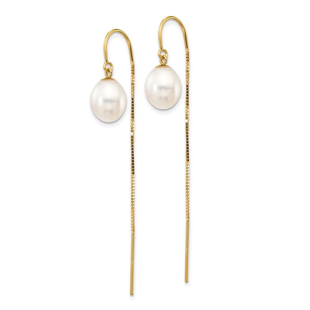 14K Yellow Gold 7-8mm White Rice Freshwater Pearl Box Chain Earrings
