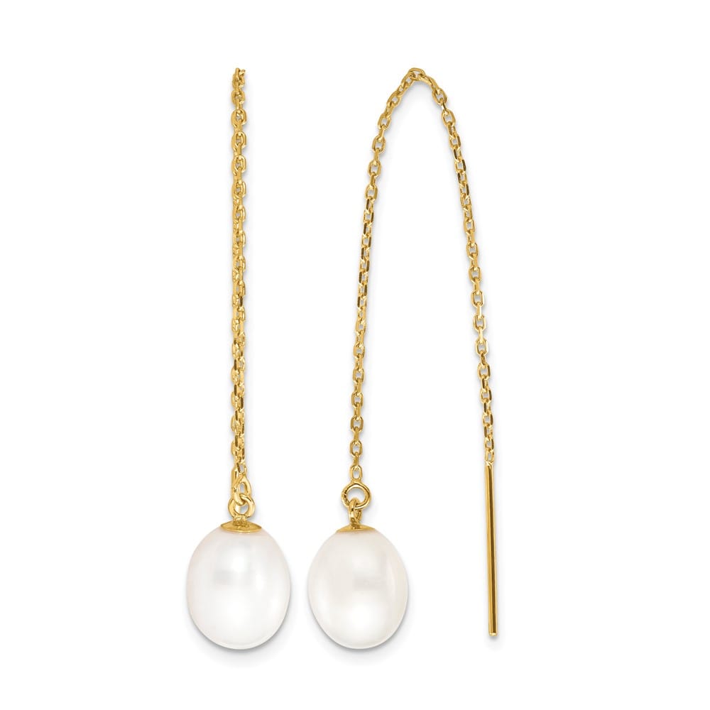 14K Yellow Gold 7-8mm White Rice Freshwater Pearl Cable Earrings