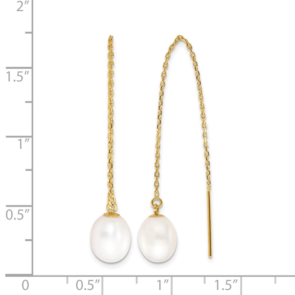 14K Yellow Gold 7-8mm White Rice Freshwater Pearl Cable Earrings